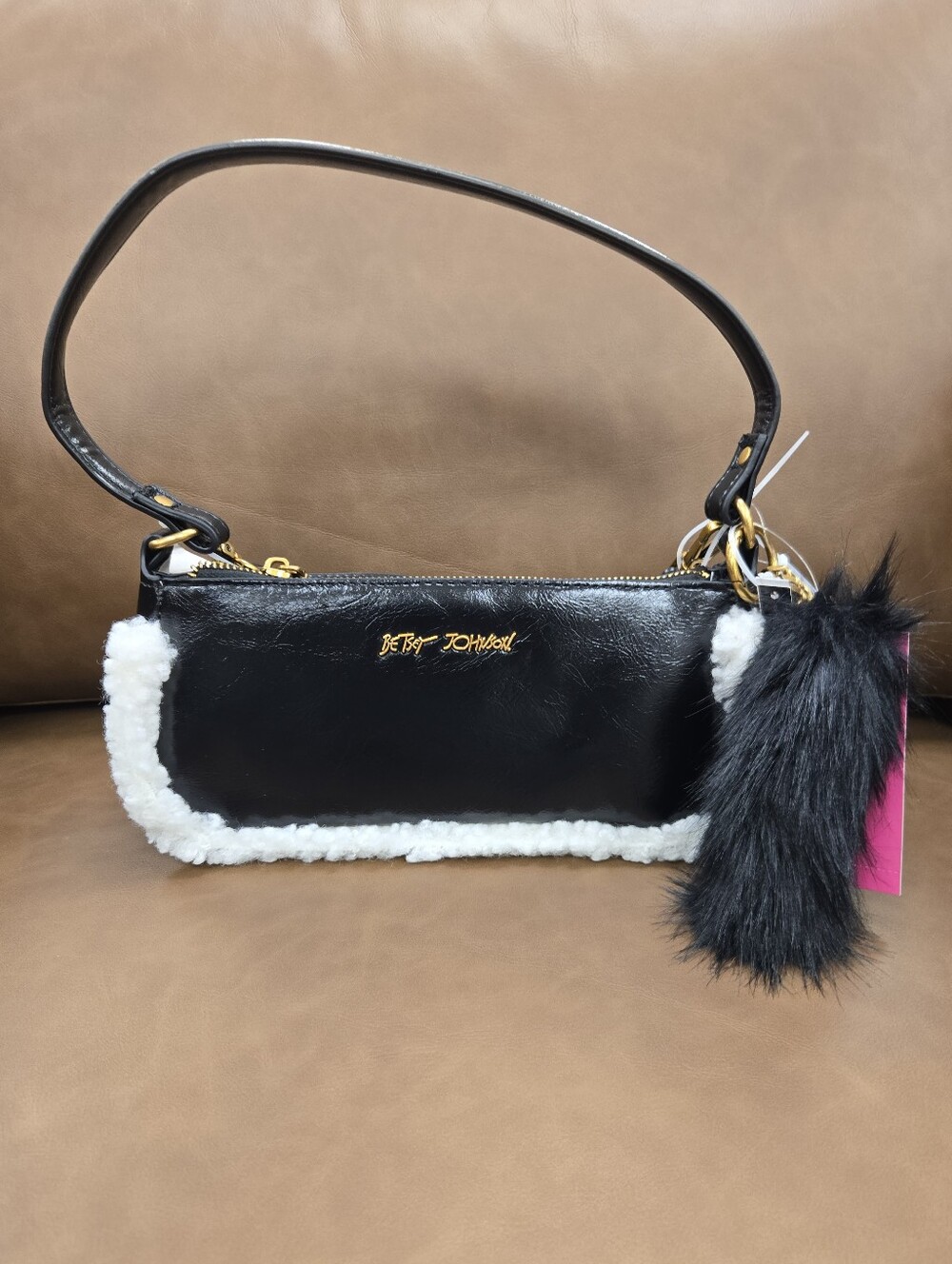 Betsey Johnson Black Shoulder Bag with White Trim and Black Fur Charm